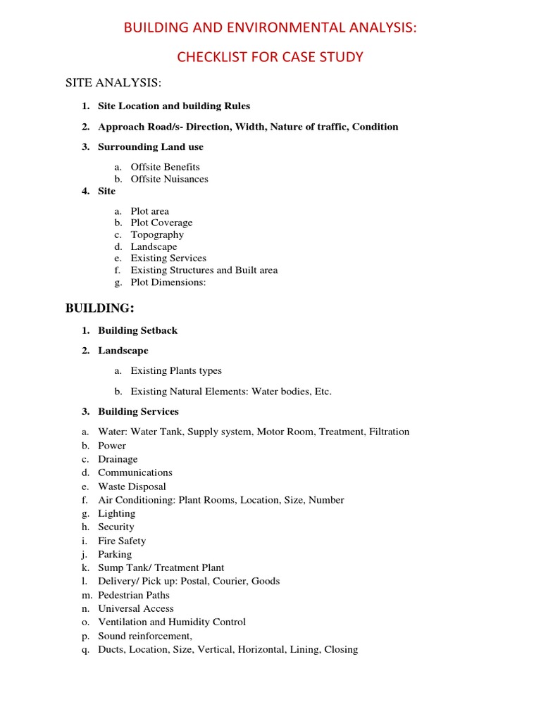 Case Study Checklist for Architecture | PDF | Lighting | Window