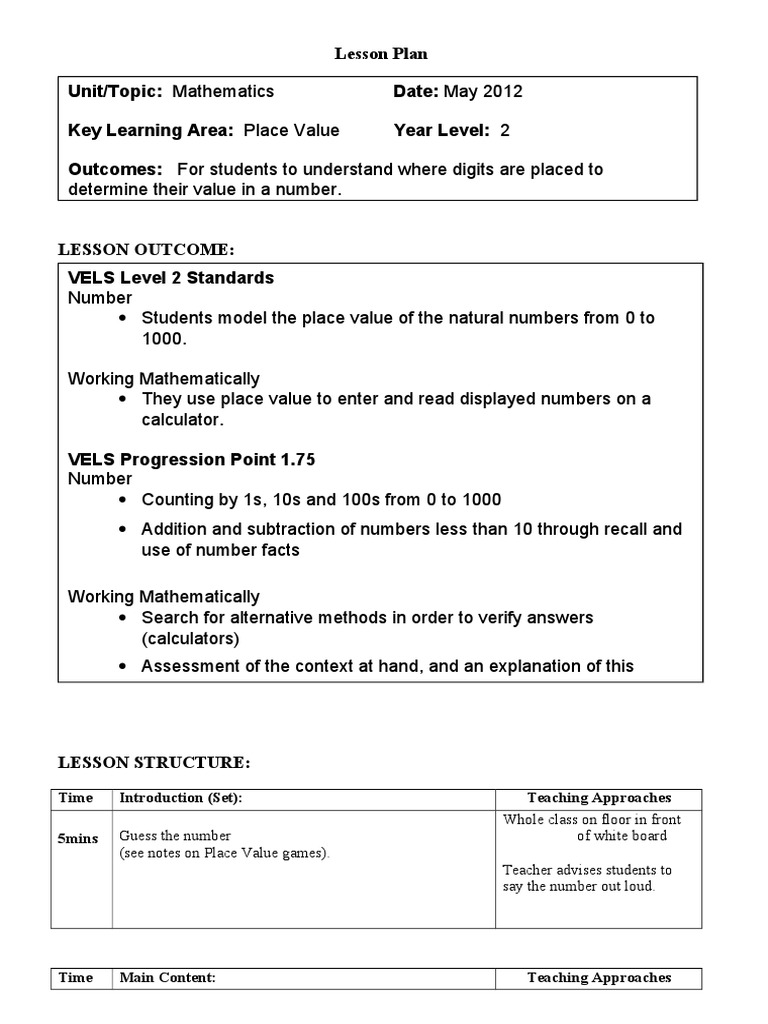 Year 2 Place Value Lesson Plan | PDF | Lesson Plan | Subtraction