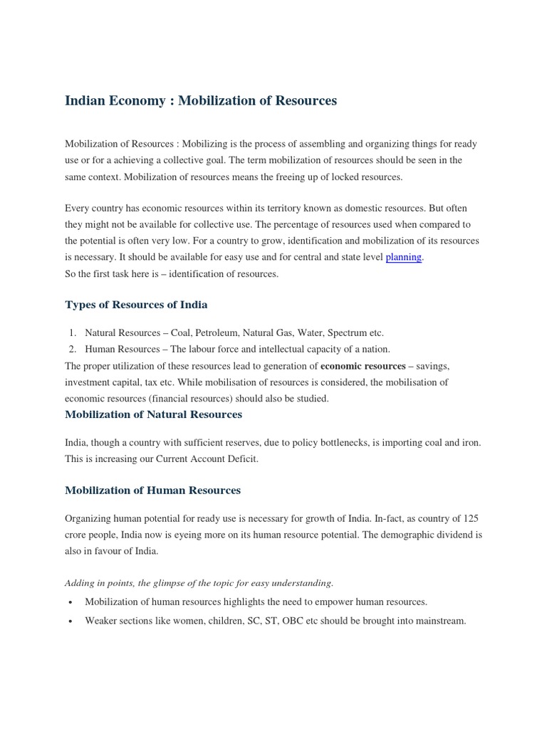 Resource Mobilization in India's Economy | PDF | Resource | Foreign ...