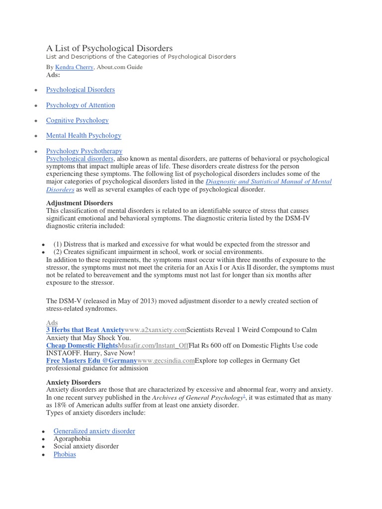 Comprehensive List of Psychological Disorders | PDF | Personality ...