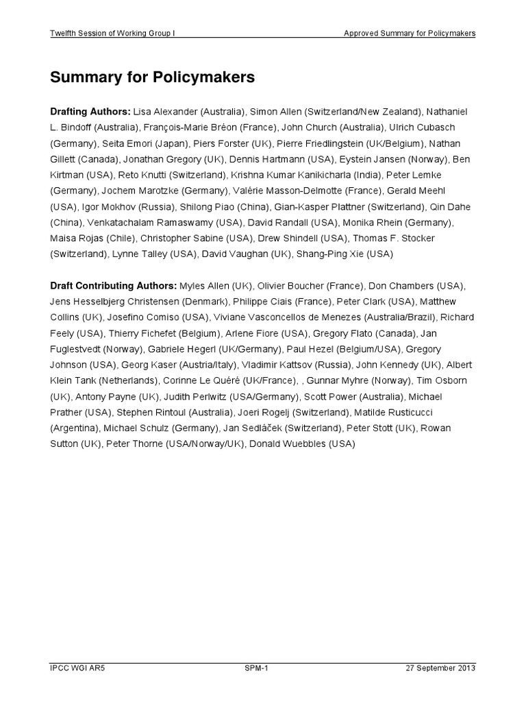 Summary For Policymakers Drafting Authors Pdf Global Warming