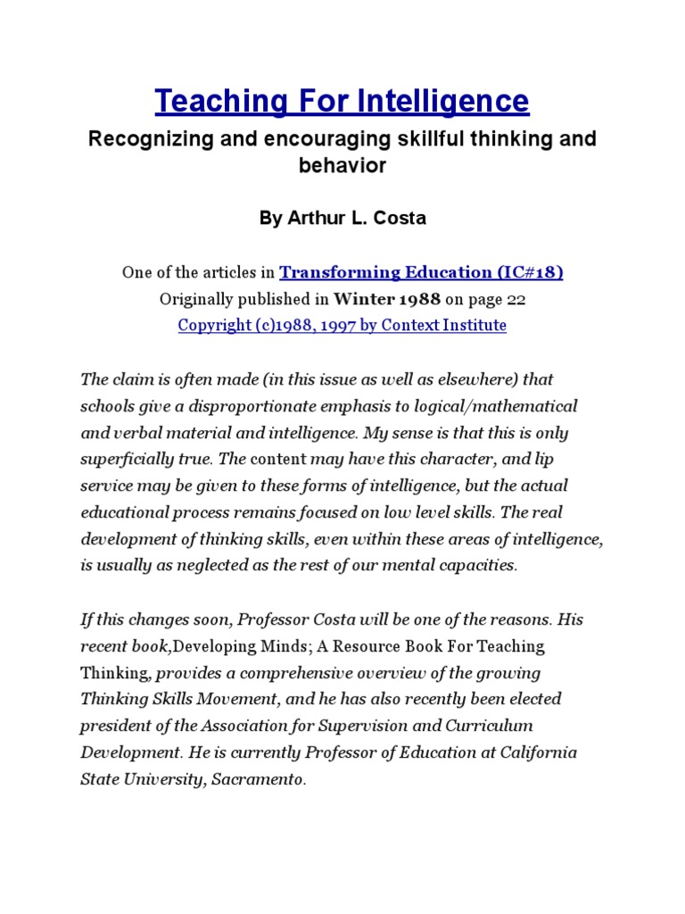 Teaching For Intelligence | PDF | Intelligence | Thought