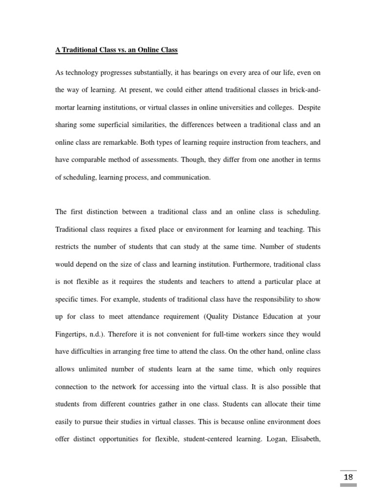 Compare and Contrast Essay A Traditional Class Vs An Online Class PDF Educational