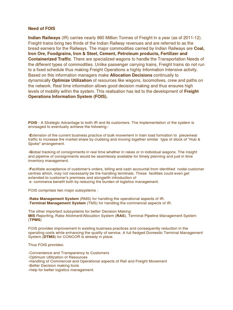 FOIS: Enhancing Indian Rail Freight Operations | PDF | Rail Freight ...