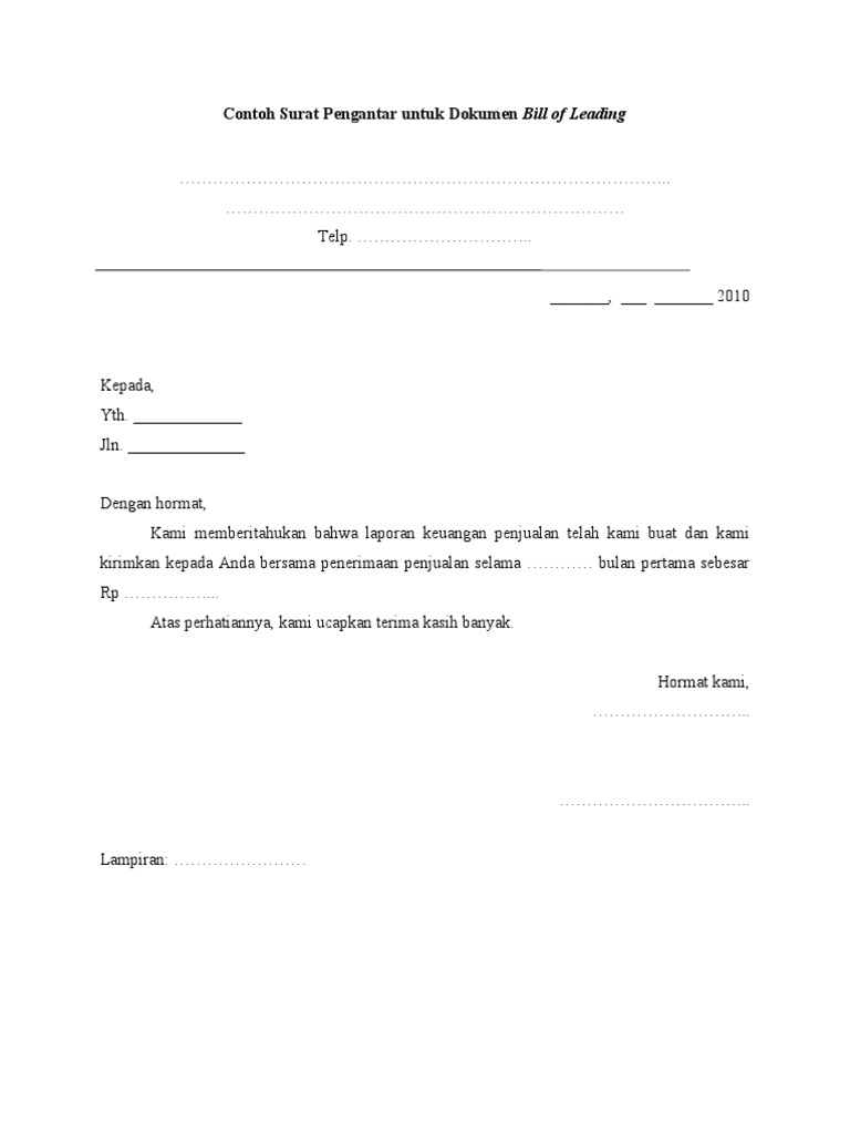 Contoh Surat Pengantar Untuk Dokumen Bill of Leading