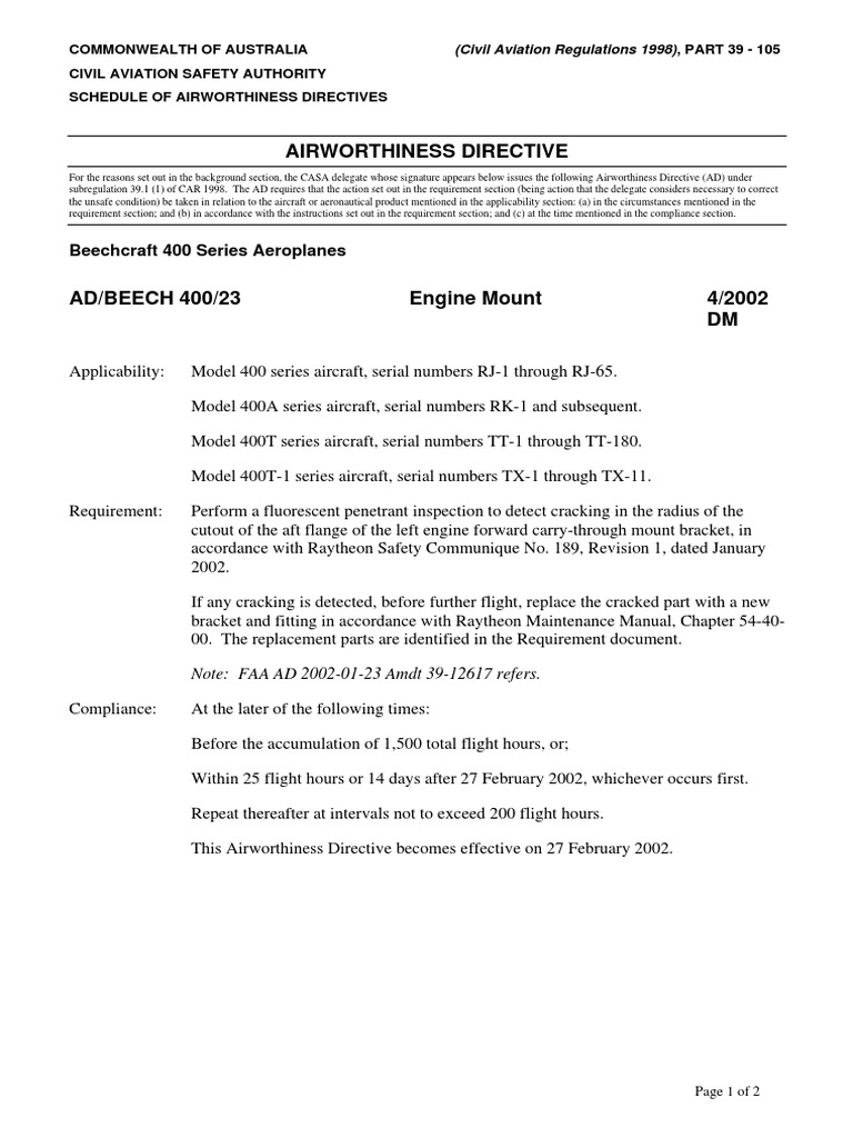 Airworthiness directive Beech 400A Aircraft Aviation Safety