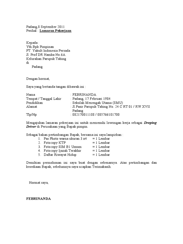 Surat Lamaran Yakult Izi