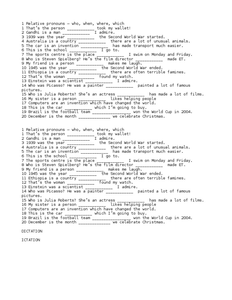 Relative Pronouns Exercises with Answers | PDF | Leisure