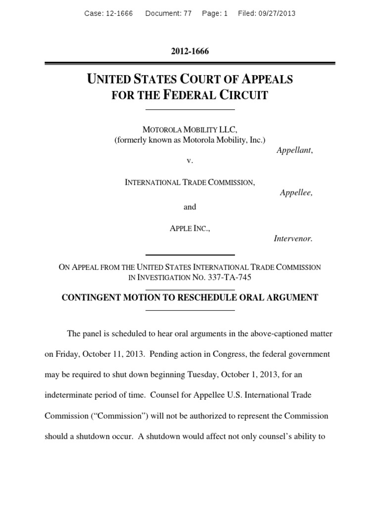 130927 ITC Motion to Reschedule MotorolaApple Appellate Hearing