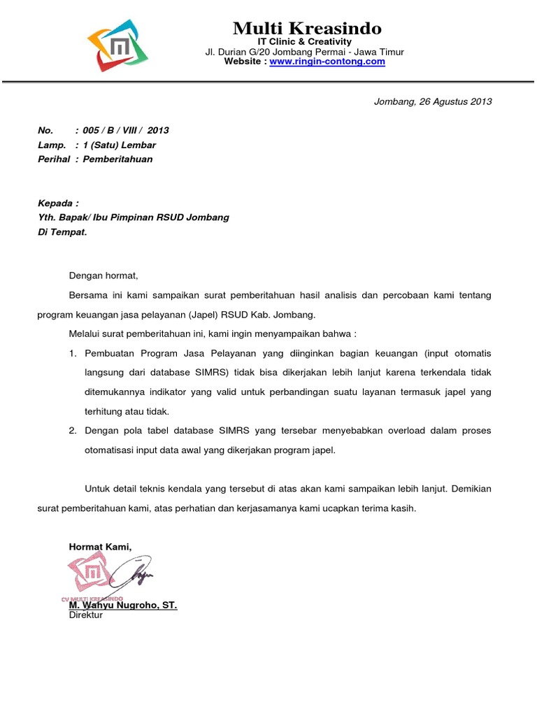 Contoh Surat Larat Pemberitahuan