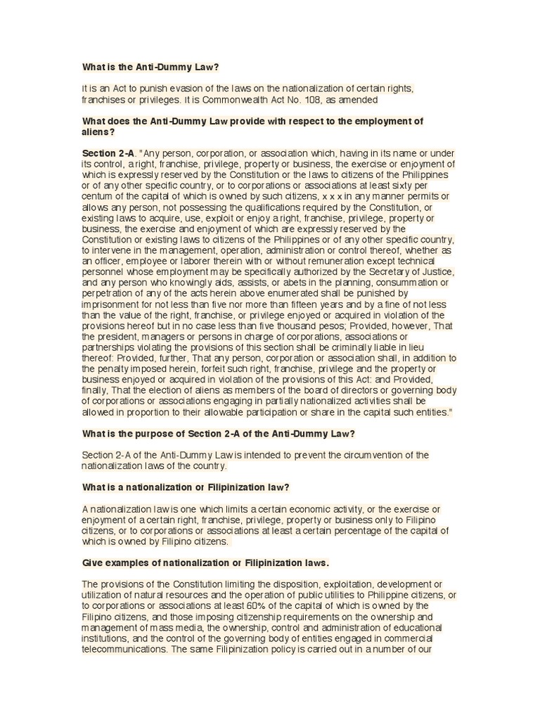 What Is Anti Dummy Law In The Philippines