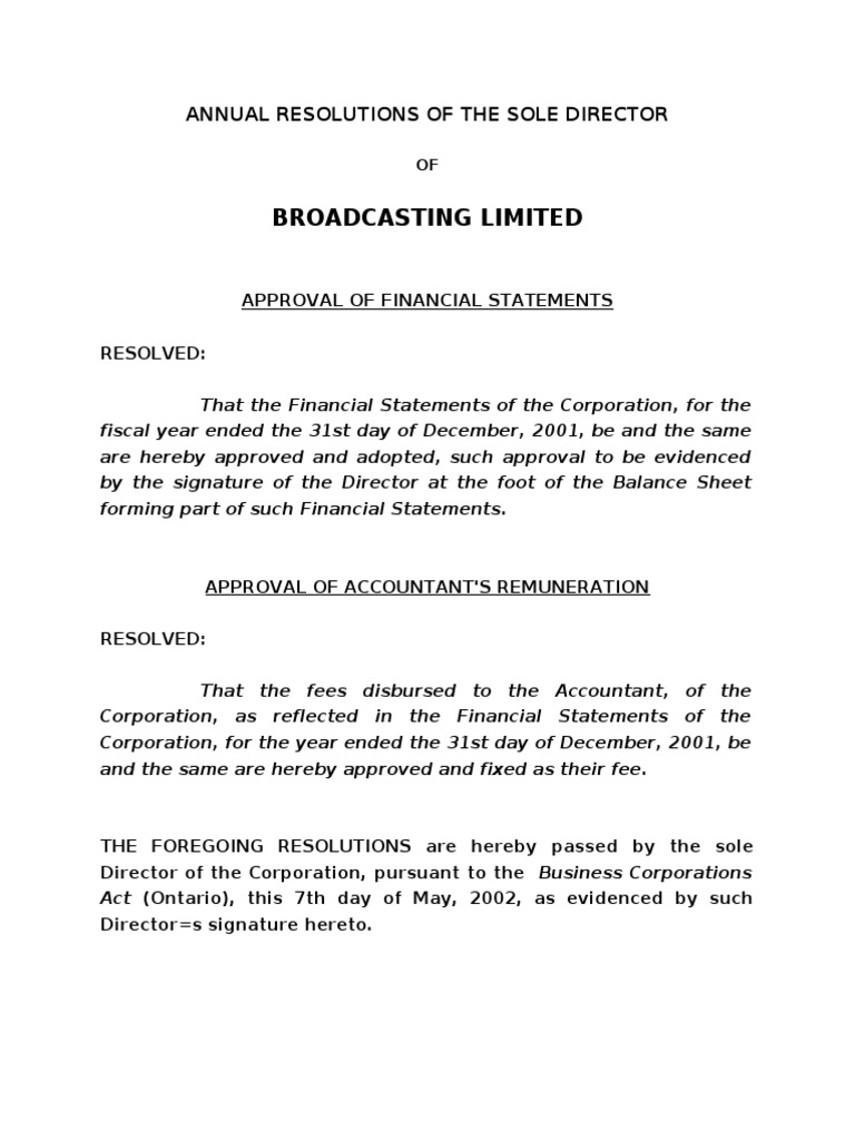 Sole Director Annual Resolutions 2001 | PDF | Business | Finance ...