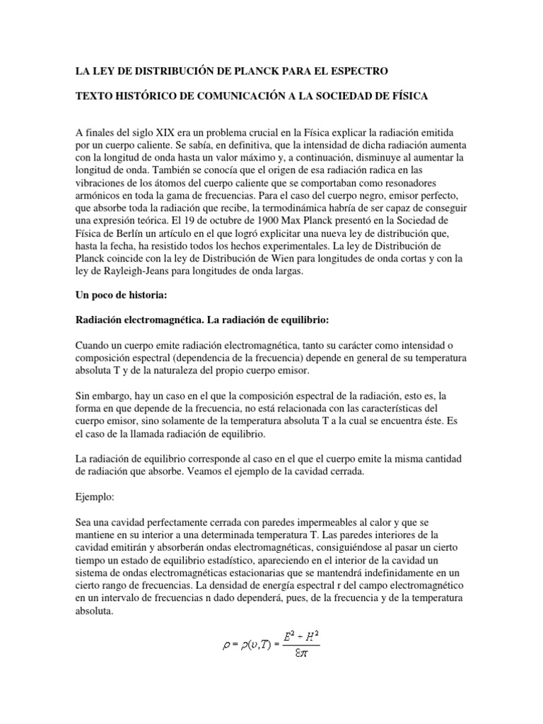 LA LEY DE DISTRIBUCIÓN DE PLANCK PARA EL ESPECTRO. Radiación