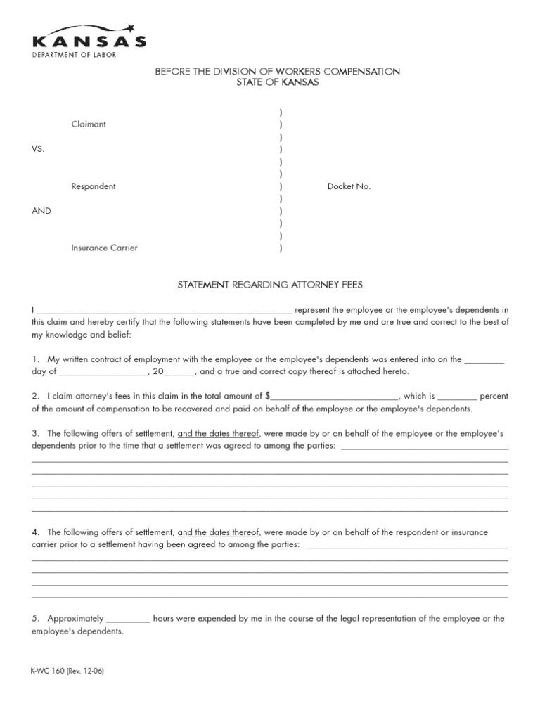 Before The Division Of Workers Compensation State Of Kansas KWC 160 (Rev. 1206) Workers