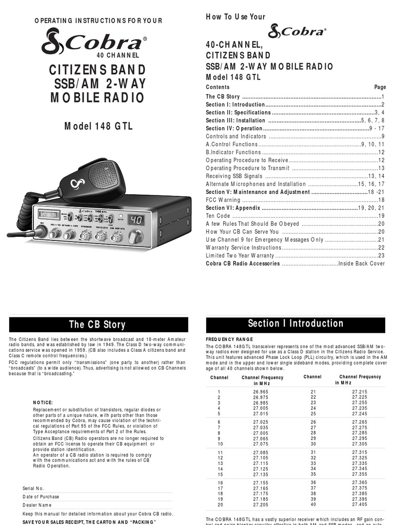 Cobra 148GTL CB Radio Manual Antenna (Radio) Loudspeaker