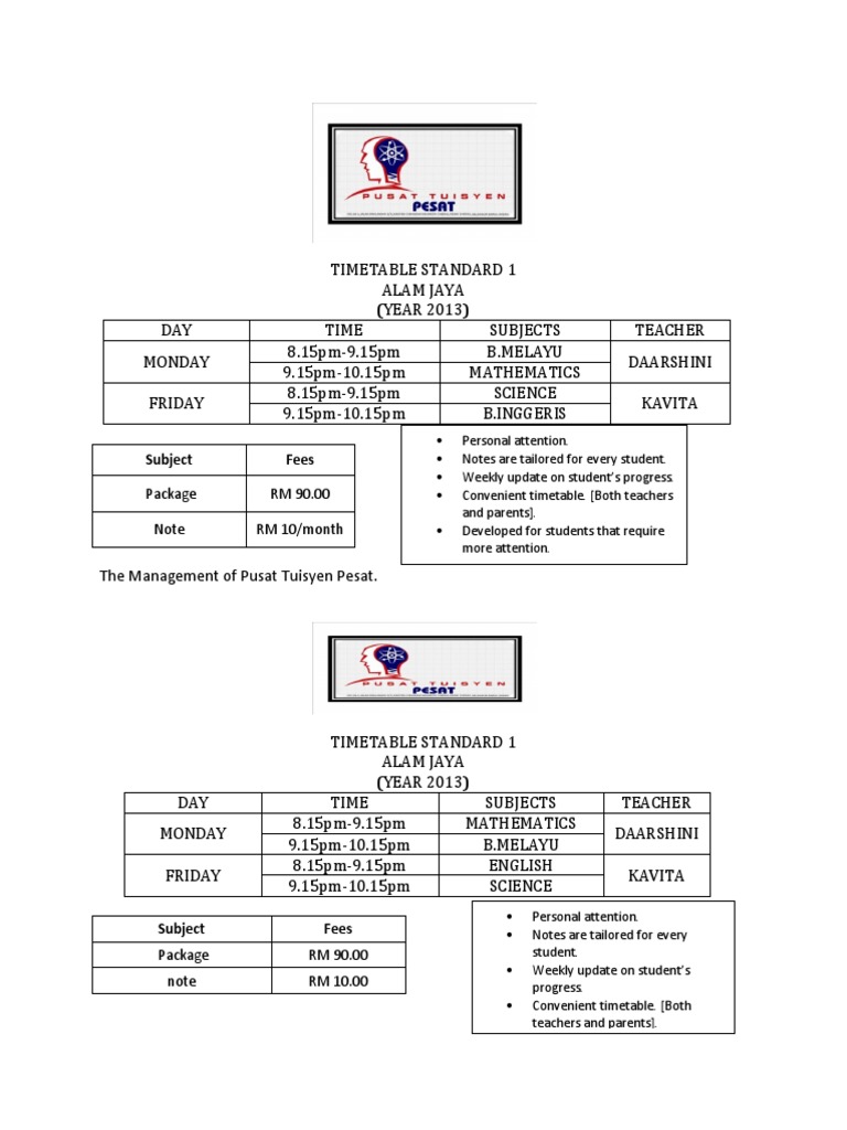 Timetable Standard 1 | PDF