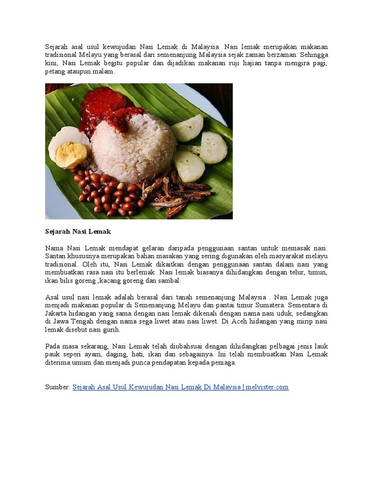 Sejarah Asal Usul Kewujudan Nasi Lemak Di Malaysia Pdf