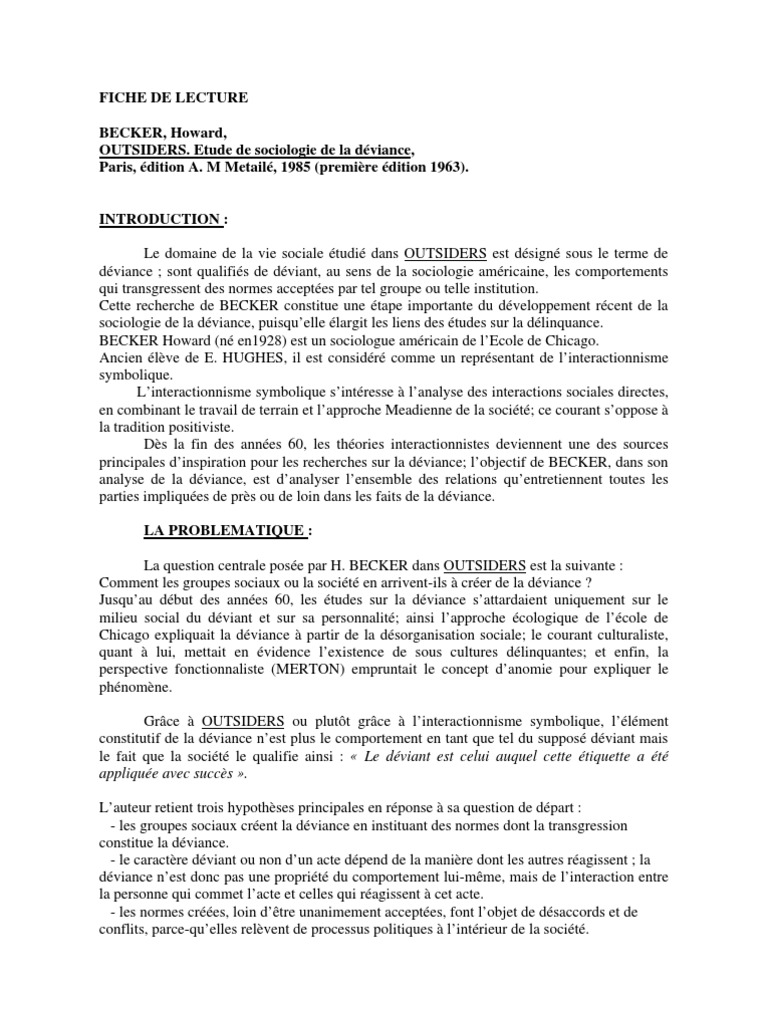 fiche de lecture socio de la déviance  Déviance (Sociologie)  Sociologie