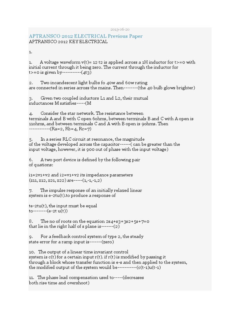 APTRANSCO 2012 Electrical Exam Paper | PDF | Transformer | Electrical ...