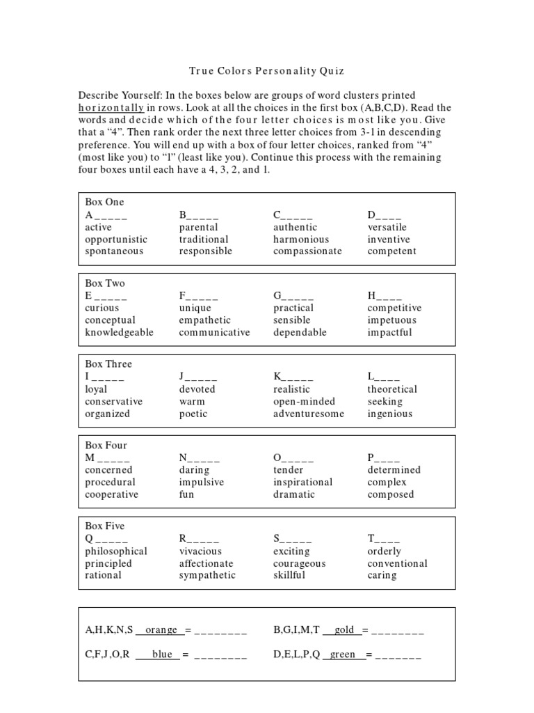 True Colors Personality Quiz | PDF for Free Printable True Colors Personality Test