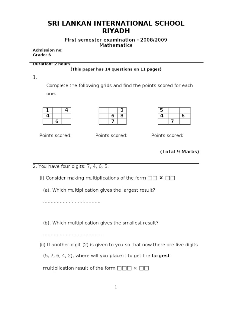 Grade 6 Semester Math Paper | PDF