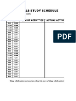 Finals Study Schedule: Plan of Activities Actual Activities Time