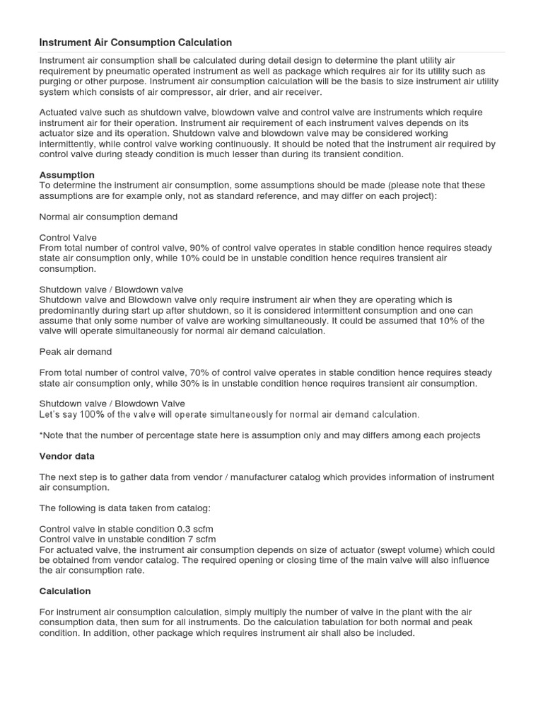 Instrument Air Consumption Calculation PDF Valve Actuator