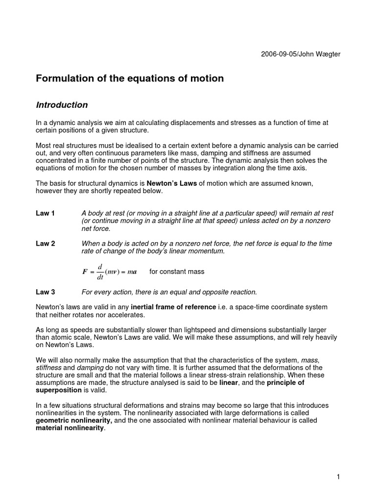 Formulation of The Equations of Motion M M DT D PDF Newton's Laws