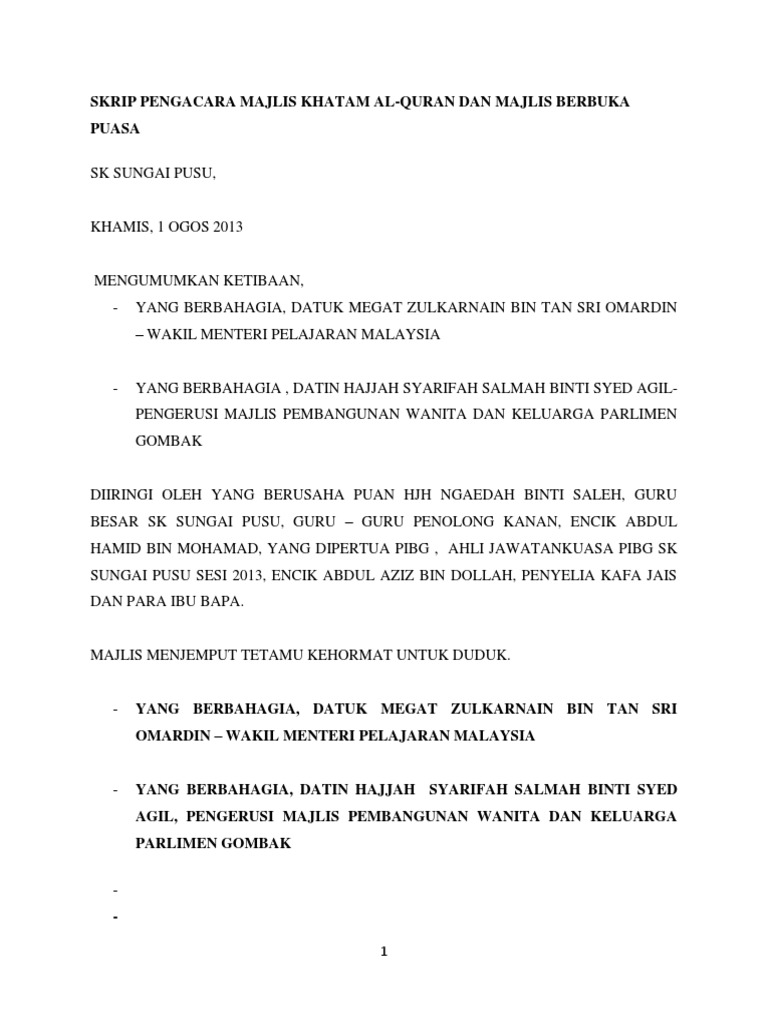 Teks Pengerusi Majlis Khatam Al Quran