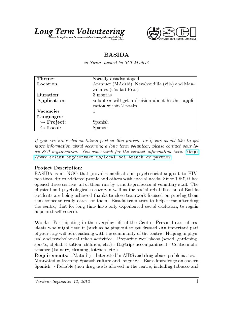 Volunteer Opportunity at BASIDA Spain | PDF