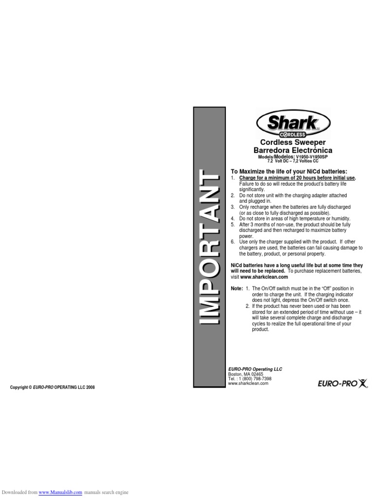 Manual EuroPro Shark V1950 Shark VX3 Cordless Rechargeable FloorAndCarpet Cleaner PDF