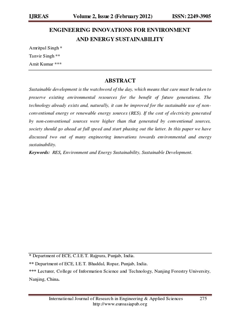 Engineering Innovations For Environment and Energy Sustainability | PDF ...