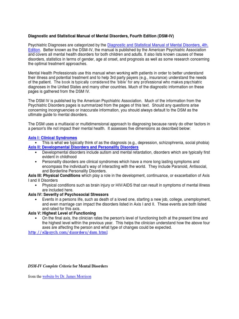DSM-IV Overview of Mental Disorders | PDF | Diagnostic And Statistical ...
