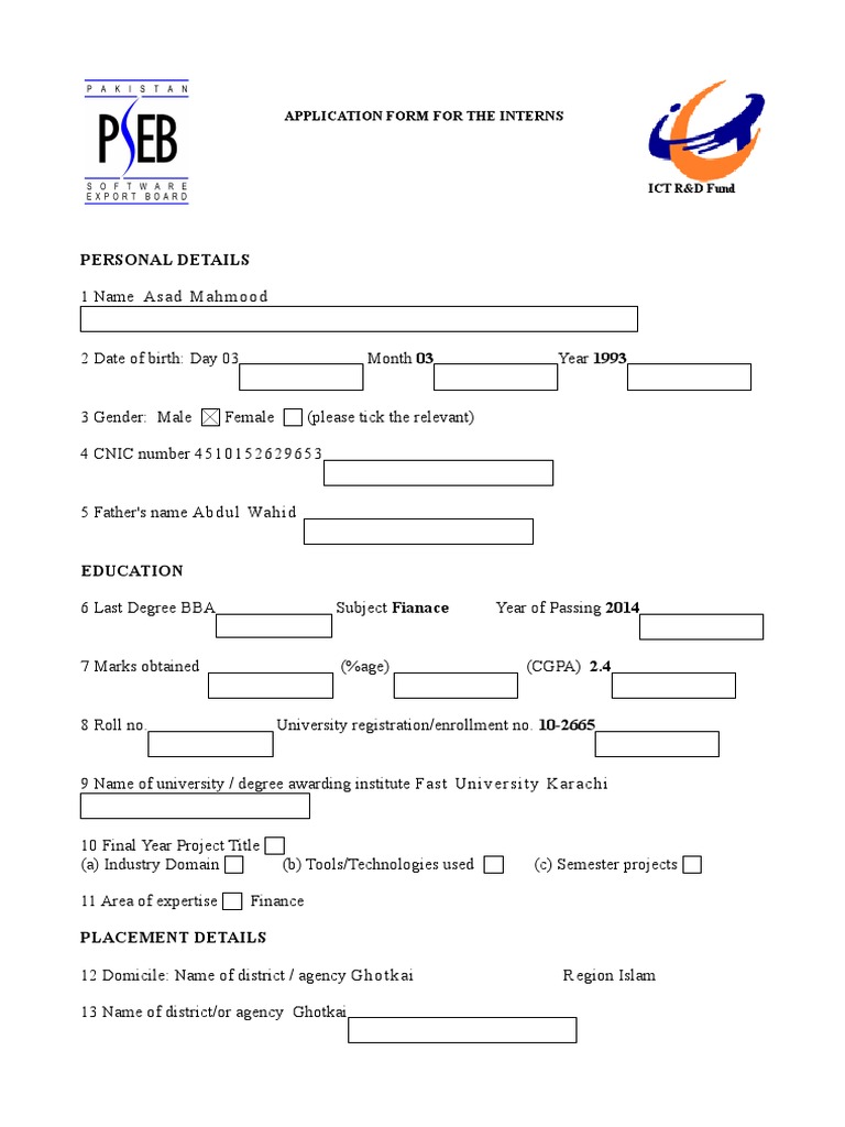 Personal Details Application Form For The Interns PDF