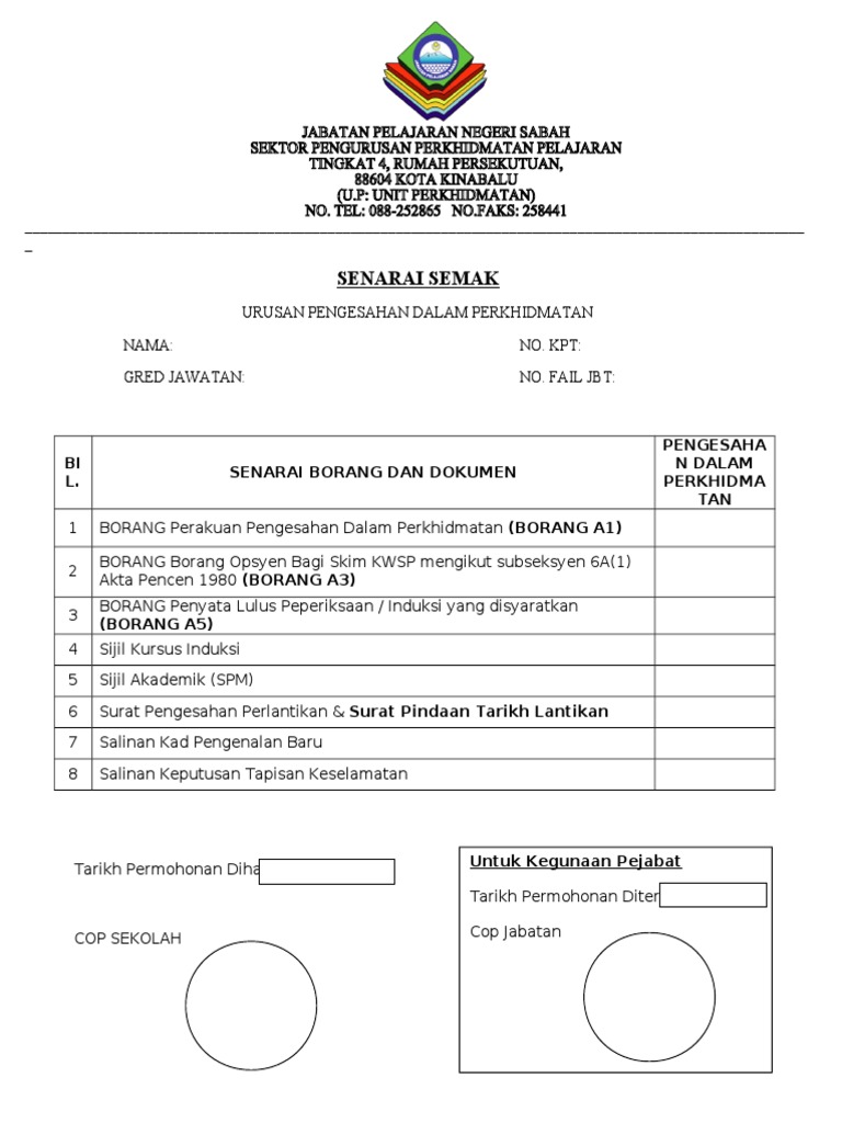 Senarai Semak Pengesahan Dalam Perkhidmatan