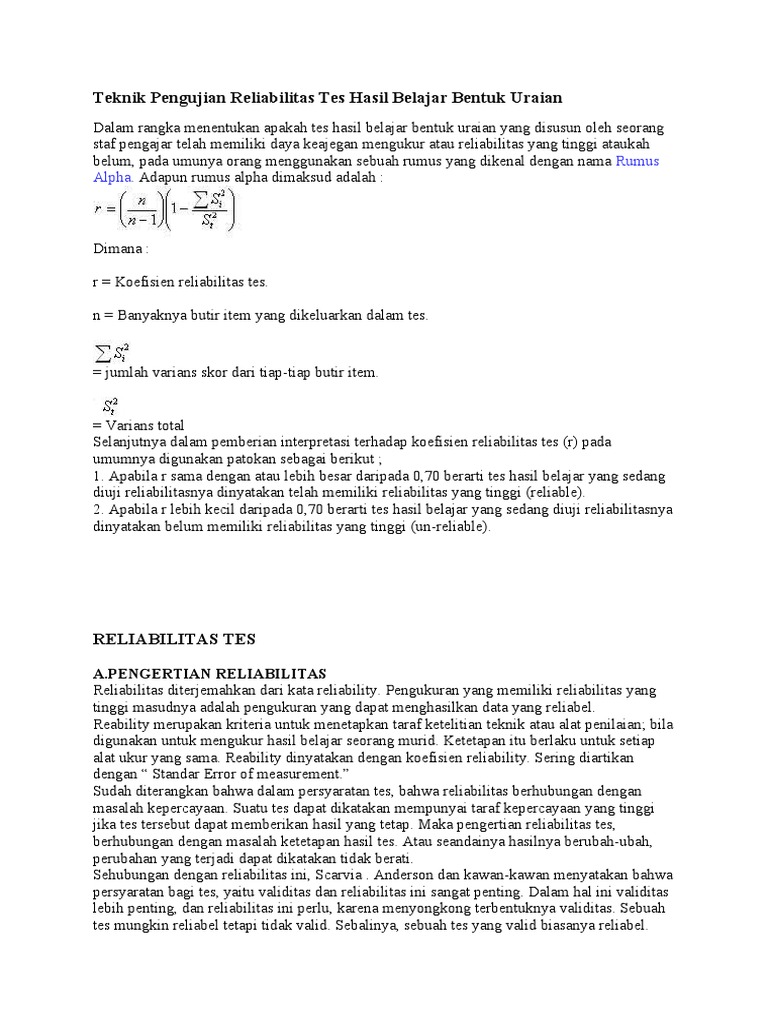 Teknik Pengujian Reliabilitas Tes Hasil Belajar Bentuk Uraian Doc