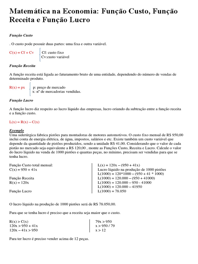 Funções de Custo, Receita e Lucro | PDF