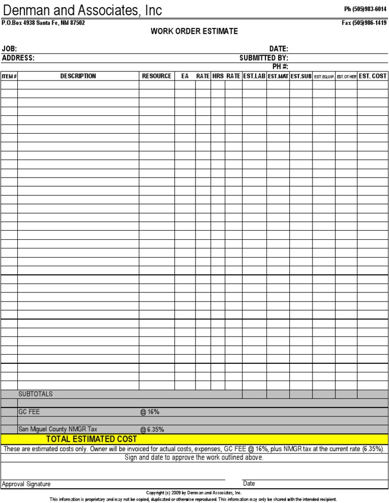 Work Order Estimate: Date: Submitted By: PH #: Job: Address | PDF