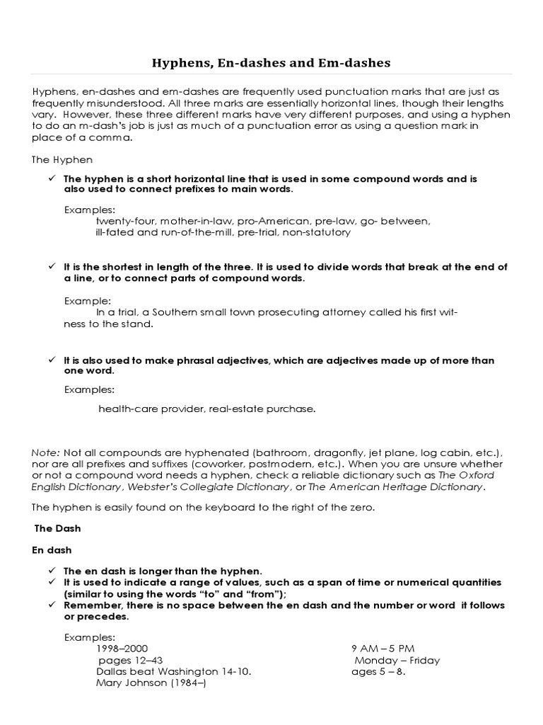 Hyphens, EnDashes and EmDashes PDF Rules Typography