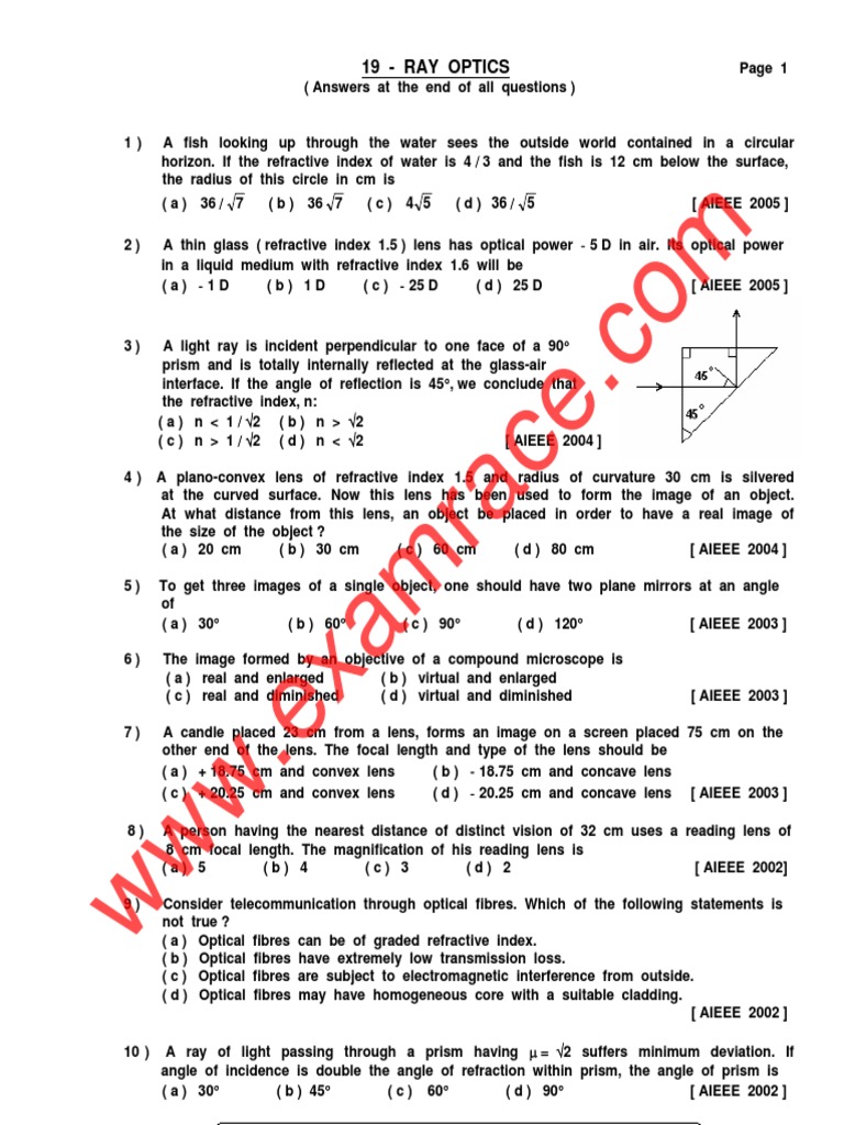 Ray Optics MCQ PDF Lens (Optics) Optics