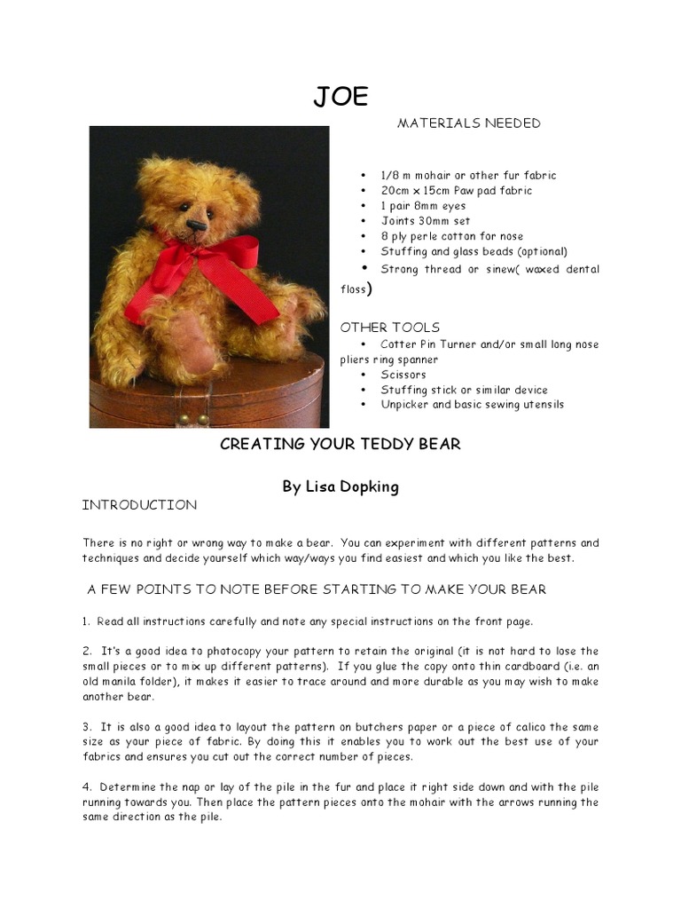 Megelles Joe Bear Making Pattern | PDF | Sewing | Seam (Sewing)