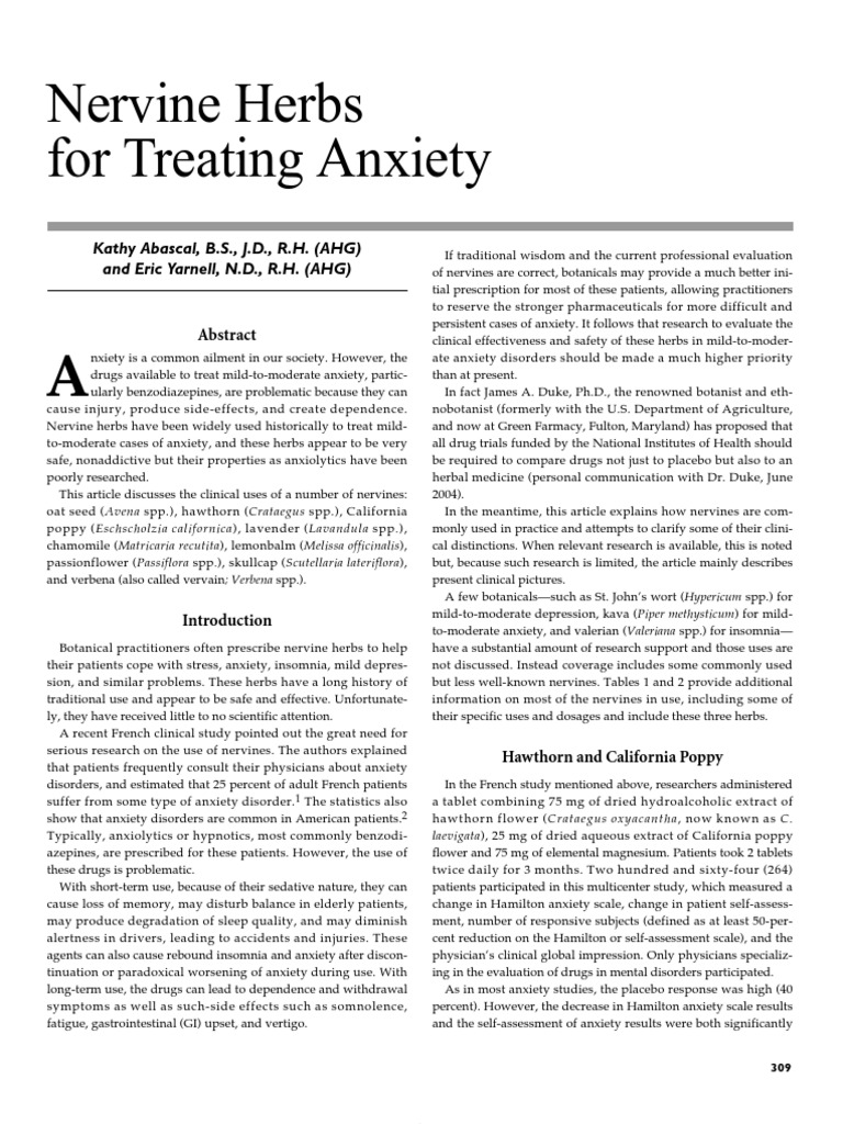 Nervine Herbs For Treating Anxiety PDF Anxiety Disorder Herbalism