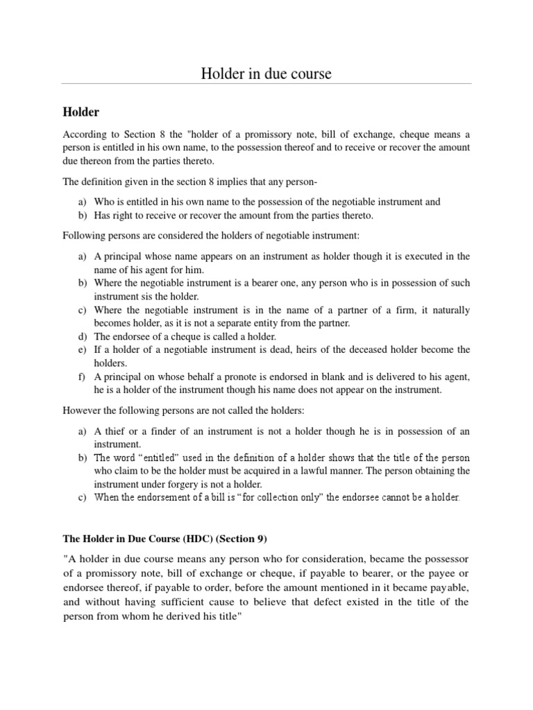 Holder in Due Course Negotiable Instrument Common Law