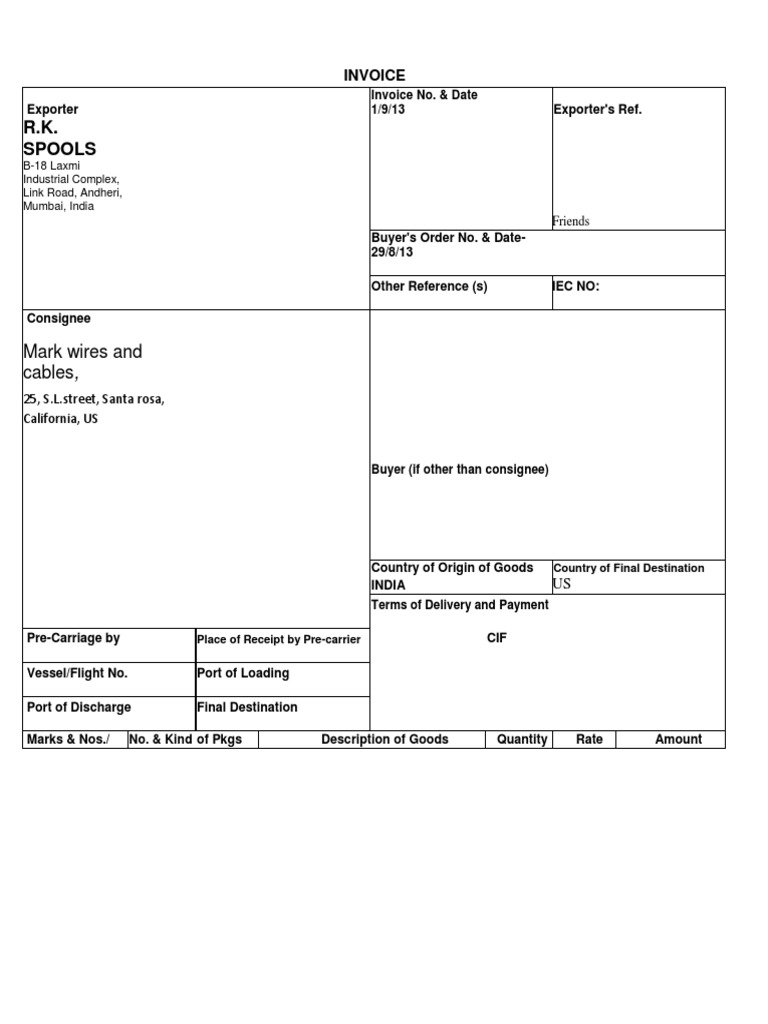 Export Invoice for Spools from India | PDF | Business | Technology ...