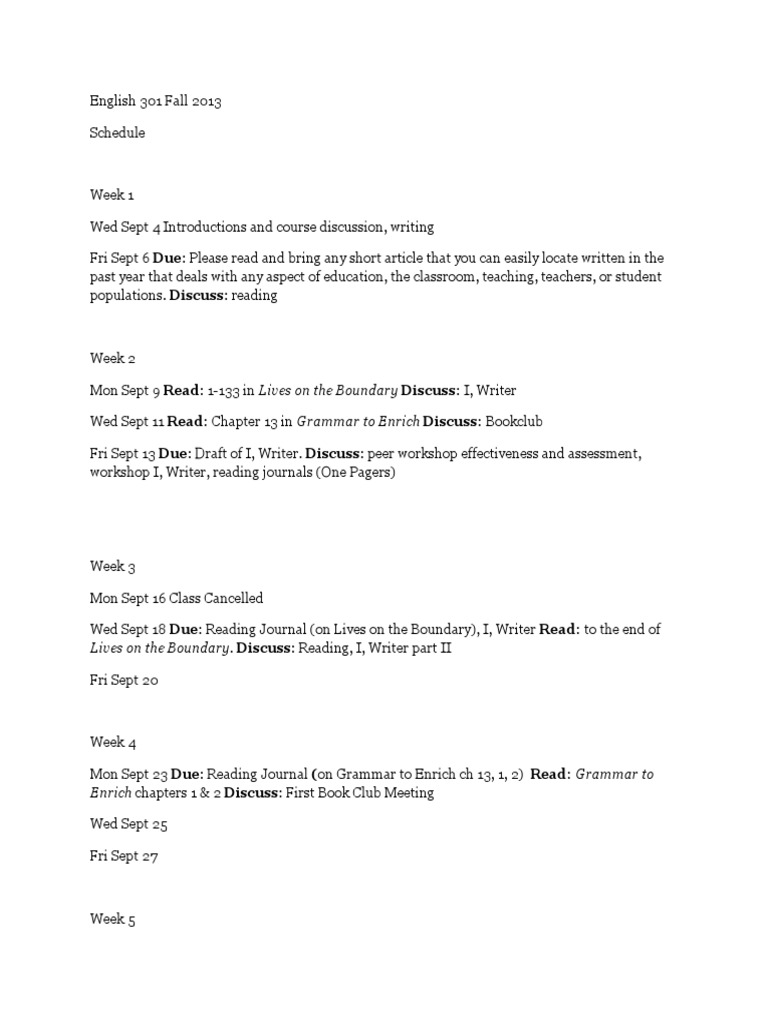 English 301 Fall 2013 Course Schedule | PDF | Pedagogy | Communication