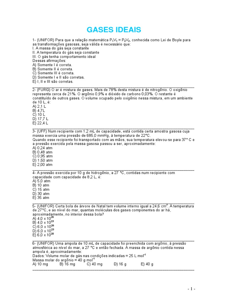Exercicios Gases Ideais | PDF | Gases | Temperatura