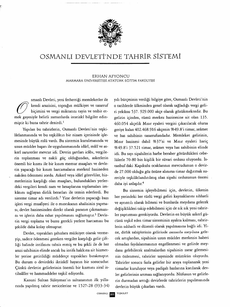 Afyoncu Erhan Osmanli Devletinde Tahrir Sistemi | PDF