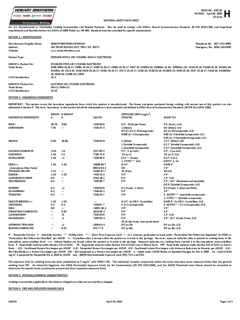 Stainless Steel Mig & Tig Wire MSDS PDF Welding Construction