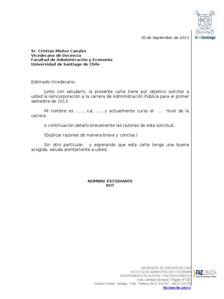 Formato Carta Solicitud De Reincorporacion Pdf