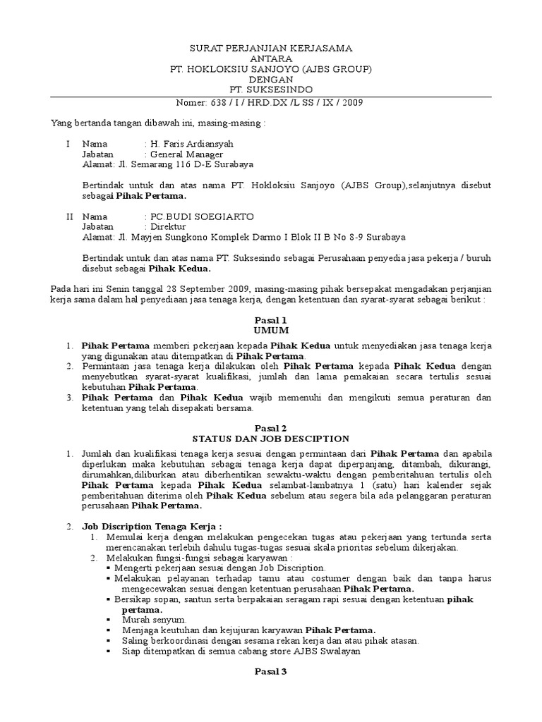 Contoh surat kesepakatan bersama phk Pasal 2 PEMUTUSAN HUBUNGAN KERJA PHK KARENA PERUBAHAN STATUS KEPEMILIKAN Sehubungan dengan Perubahan Status Kepemilikan Semara Resort.